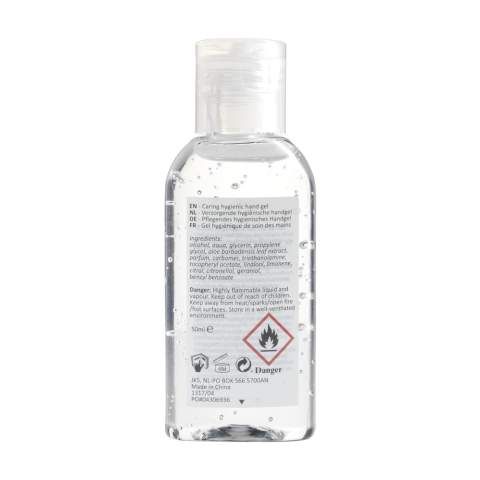 Deze hygiënische handgel helpt de handen te reinigen en te verzorgen zonder water en zeep. De gel heeft een aangename geur en droogt de handen niet uit vanwege verzorgende ingrediënten zoals Aloë Vera. In een handig transparant kunststof (PET)potje met klikdeksel. Inhoud 50 ml.