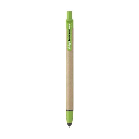 WoW! Blue ink ballpoint pen with barrel, made from recycled cardboard, rubber pointer to operate touch screens and plastic accents.