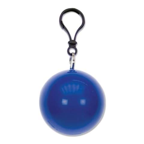 Rain poncho packed in a ball. Highly convenient when you are on the move and encounter a sudden downpour. It comes with a keychain to attach it to a bike or bag.