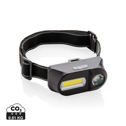 Dual head torch with both COB and LED torch. The 180 lumen COB light is perfect to illuminate areas nearby with a bright light. Switch to the 90 lumen LED light to highlight areas that are more distant (up to 80 metres). Both lights have three modes: bright, dim and flashing.  With adjustable elastic 42 cm headband to wear the item on your head or helmet.  Made from ABS. Working time 3 hours. Including batteries for direct use.<br /><br />Lightsource: COB LED<br />LightsourceQty: 2