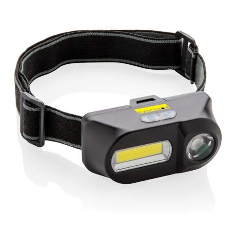 Dual head torch with both COB and LED torch. The 180 lumen COB light is perfect to illuminate areas nearby with a bright light. Switch to the 90 lumen LED light to highlight areas that are more distant (up to 80 metres). Both lights have three modes: bright, dim and flashing.  With adjustable elastic 42 cm headband to wear the item on your head or helmet.  Made from ABS. Working time 3 hours. Including batteries for direct use.<br /><br />Lightsource: COB LED<br />LightsourceQty: 2