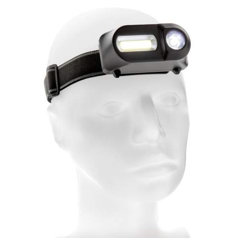 Dual head torch with both COB and LED torch. The 180 lumen COB light is perfect to illuminate areas nearby with a bright light. Switch to the 90 lumen LED light to highlight areas that are more distant (up to 80 metres). Both lights have three modes: bright, dim and flashing.  With adjustable elastic 42 cm headband to wear the item on your head or helmet.  Made from ABS. Working time 3 hours. Including batteries for direct use.<br /><br />Lightsource: COB LED<br />LightsourceQty: 2