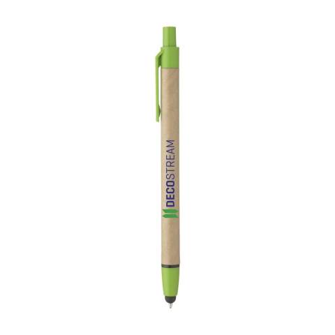 WoW! Blue ink ballpoint pen with barrel, made from recycled cardboard, rubber pointer to operate touch screens and plastic accents.