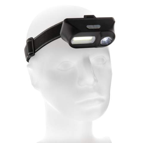 Dual head torch with both COB and LED torch. The 180 lumen COB light is perfect to illuminate areas nearby with a bright light. Switch to the 90 lumen LED light to highlight areas that are more distant (up to 80 metres). Both lights have three modes: bright, dim and flashing.  With adjustable elastic 42 cm headband to wear the item on your head or helmet.  Made from ABS. Working time 3 hours. Including batteries for direct use.<br /><br />Lightsource: COB LED<br />LightsourceQty: 2