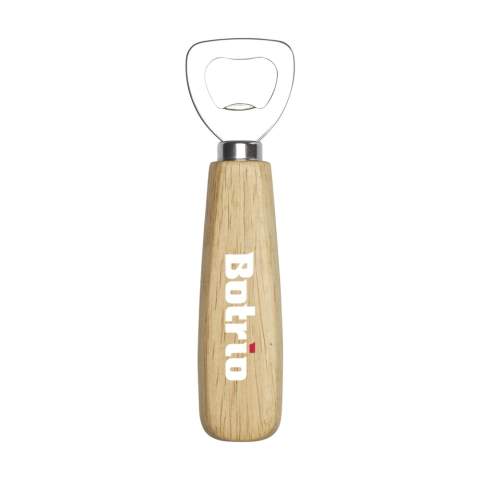 Durable bottle opener with beech wood handle. Designed for ease of use.