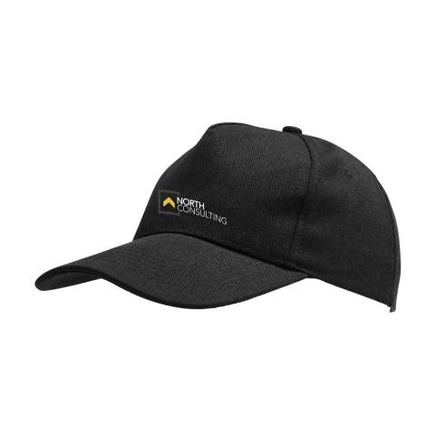 WoW! Comfortable cap made from extra heavy quality material: 60% recycled cotton and 40% recycled polyester. With a preformed peak and adjustable metal clip closure at the back, this 5-panel cap has a curved visor and embroidered eyelets for ventilation.