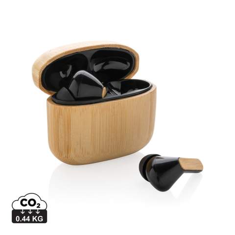 Bamboo true wireless earbuds and case. The earbuds and charging case are made with RCS (Recycled Claim Standard) certified recycled ABS and FSC® 100% bamboo. Total recycled content: 23% based on total item weight. RCS certification ensures a completely certified supply chain of the recycled materials. The perfectly fitting earbuds have a 40 mAh battery and can be re-charged in the 400 mAh charging case within 1 hour. With auto pairing function so easy to pair to your mobile device. Playing time on medium volume about 14 hours. With BT 5.3 for optimal connection. Operating distance up to 10 metres. With pick up and mic. Including 3 size silicone ear tips. Including RCS certified recycled TPE charging cable. Packed in FSC® mix kraft packaging. Item and accessories 100% PVC free.<br /><br />HasBluetooth: True<br />PVC free: true