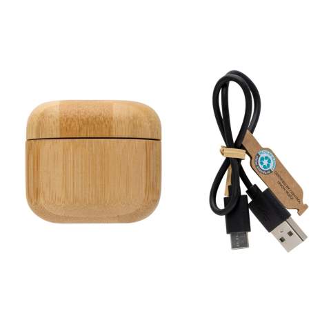 Bamboo true wireless earbuds and case. The earbuds and charging case are made with RCS (Recycled Claim Standard) certified recycled ABS and FSC® 100% bamboo. Total recycled content: 23% based on total item weight. RCS certification ensures a completely certified supply chain of the recycled materials. The perfectly fitting earbuds have a 40 mAh battery and can be re-charged in the 400 mAh charging case within 1 hour. With auto pairing function so easy to pair to your mobile device. Playing time on medium volume about 14 hours. With BT 5.3 for optimal connection. Operating distance up to 10 metres. With pick up and mic. Including 3 size silicone ear tips. Including RCS certified recycled TPE charging cable. Packed in FSC® mix kraft packaging. Item and accessories 100% PVC free.<br /><br />HasBluetooth: True<br />PVC free: true