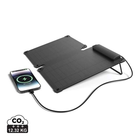 10W double foldable solar panel that allows direct charging to your mobile device, speaker, powerbank or other device. Simply connect your cable to the device while the panel is in sunlight and start charging. Charge rate depends on conditions. The panel uses high quality monocrystalline solar panels with 21% conversion rate. With USB A and Type C output ( max 5V/1A) and charge indicator to show charging speed. Charging speed solar: 5V/2000mA. Made with PET material and RCS certified recycled ABS. Including integrated stand function to use the solar panels at an optimal angle. IPX 6 waterproof. Packed in FSC® mix packaging.<br /><br />PVC free: true