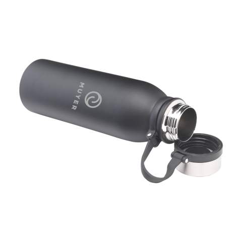 Double-walled, vacuum-insulated, leak proof stainless steel water bottle/thermo bottle. The screw cap is attached to a rotatable silicon carrying strap and remains attached when the bottle is open,  so you always have one hand free. Suitable for maintaining the temperature of cold or hot drinks. Capacity 600 ml. Each item is supplied in an individual brown cardboard box.