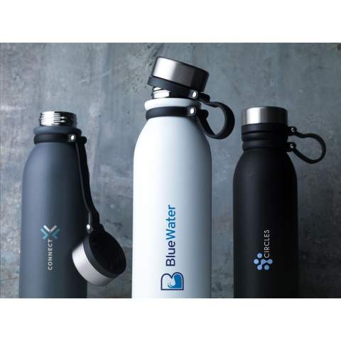 Double-walled, vacuum-insulated, leak proof stainless steel water bottle/thermo bottle. The screw cap is attached to a rotatable silicon carrying strap and remains attached when the bottle is open,  so you always have one hand free. Suitable for maintaining the temperature of cold or hot drinks. Capacity 600 ml. Each item is supplied in an individual brown cardboard box.