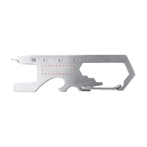 Pocket-sized stainless steel multitool. With 8 functions: bottle opener, carabiner, Phillips screwdriver, flat-blade screwdriver, Allen key in 3 sizes, ruler (5 cm). Small in size, so it’s very easy to attach to a keychain.