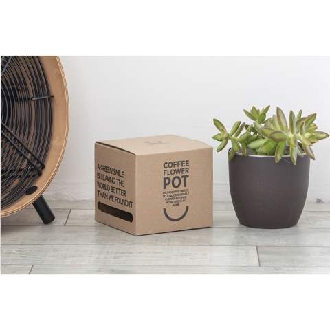 WoW! This fully compostable flower pot is made from the coffee grounds that come from making one cup of coffee. And it can be personalised with your company logo, making it the perfect flower pot to bring a little green into your office. Made in Holland.  In the Netherlands, 120 million kilos of coffee grounds are produced annually. The Coffee Based material is a mixture of used coffee grounds and a biopolymer. The biopolymer of the Coffee Based material is based on recycled raw materials from potato, grain, root or seed flour. The used coffee grounds are a waste stream from the coffee industry or the office environment. Made in Holland.  As coffee grounds are an organic material, they are naturally biodegradable. The biopolymer is also biodegradable and complies with EN13432 (standard for industrial composting). Each item is supplied in an individual brown cardboard box.