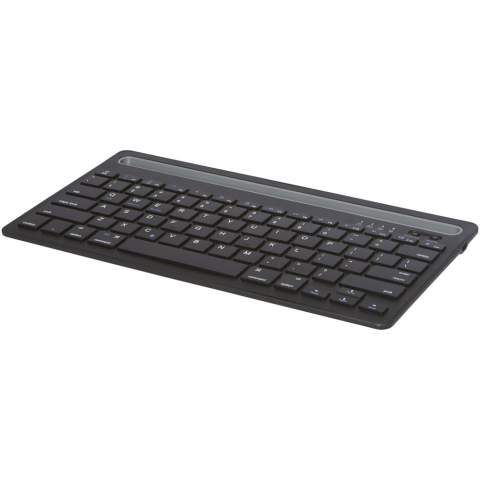 Compact QWERTY keyboard with 78 keys. Bluetooth® 3.0 with dual channel support so that it can connect with two devices simultaneously. Integrated docking stand for a phone and tablet. The keyboard is compatible with PC/laptop, tablets, mobile phones, smart TVs and other devices with Bluetooth® function. The operating distance is up to 10 meters. The 150mAh built-in rechargable battery provides at least 40 hours of usage, or up to 6 months on standby. Charging takes approximately 3 hours. Delivered in a premium kraft paper box with a colourful sticker.