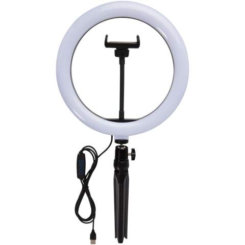 Led ringlamp (23 cm) met statief en telefoonhouder, de ideale gadget voor elke fotograaf/YouTuber/vlogger/content creator die regelmatig streams of uitzendingen doet. De ringlamp werpt een gelijkmatig licht op uw gezicht zonder harde schaduwen. De lamp heeft 120 warmwitte leds die in 10 verschillende helderheidsniveaus kunnen worden ingesteld voor de perfecte lichtinval. Geleverd in een Avenue-geschenkverpakking.