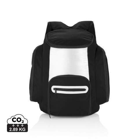 600D cooler backpack with silver lined insulation inside to keep all your food and beverages cold. On the front there’s an additional zipped pocket for storing your other belongings.<br /><br />PVC free: true