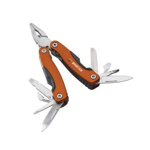 Compact stainless steel multi tool with aluminium hand grip and metallic look. 9-pieces with 13 functions: tongs, wire cutter, 3 screwdrivers, reamer, file, can opener, cap lifter, fish scraper, hook removal tool, knife and phillips  screwdriver. With lock. In a nylon case. Please note local rules may apply regarding the possession and/or carrying of knives or multitools in public. Each piece in a box.