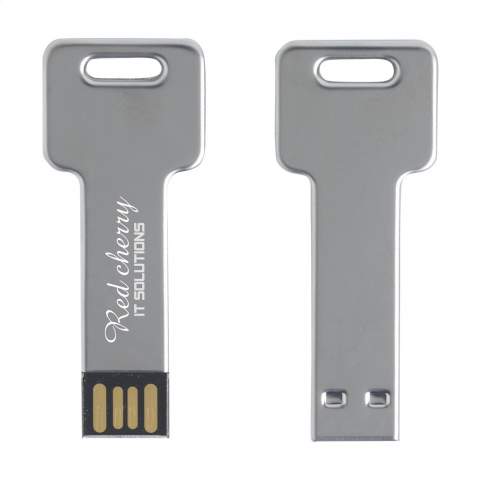 Stalen USB stick in de vorm van een sleutel, voor het veilig en handzaam bewaren en vervoeren van bestanden. Direct klaar voor gebruik door 'Plug&Play' systeem. Bruikbaar onder Windows, Mac en Linux. Standaard per stuk in kartonnen doosje. De prijs is inclusief opdruk in 1 kleur op 1 zijde.