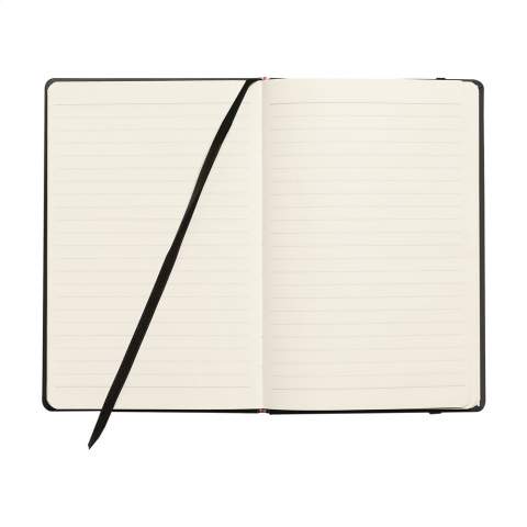 Notebook in A5 format with approx. 96 sheets/192 pages pages of cream coloured, lined paper (80 g/m²). With a perfect binding, hard cover, pocket, elastic fastener and silk ribbon.