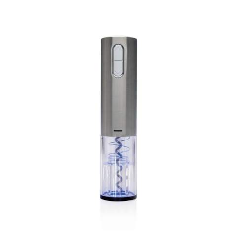 Modern electric corkscrew with innovative 3.6V lithium battery. With built-in blue light. Opens your wine bottle with ease in 8 seconds. Including micro USB cable to charge the device. Packed in a giftbox.