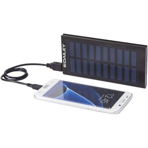 The Stellar Solar Power Bank includes an 8000mAh A-Grade lithium polymer battery and has a single crystal 1.5W solar panel. It includes a LED flashlight which can be turned on/off by double pressing on the power button. The power bank allows you to charge two items simultaneously with an input of 5V/1.5A and a max output of 5V/2.1A (output 1: 5V/2.1A and output 2: 5V/1A). The 4 LED indicators show the remaining battery capacity in the power bank. The power bank can be charged by the sun or the included USB to Micro USB charging cable. Supplied in a white Avenue gift box. .