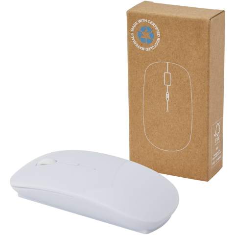 Souris optique à 4 boutons, élégante et lumineuse, en plastique recyclé, avec un récepteur USB pour une connexion RF sans fil et une fonction DPI spéciale (800/1 200/1 600 DPI). Le bouton DPI permet de changer rapidement la sensibilité de la souris, ce qui est très pratique pendant les jeux. Nécessite 2 piles AAA (non incluses). Compatible avec les systèmes d'exploitation Windows et Mac. Livrée dans une boîte en papier Kraft.