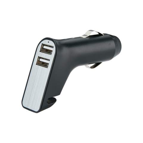 Dual USB port car charger that can be used to charge two mobile devices at the same time. This charger also includes a belt cutter and a window breaker in case of an emergency. Output: 5V/2.1A.