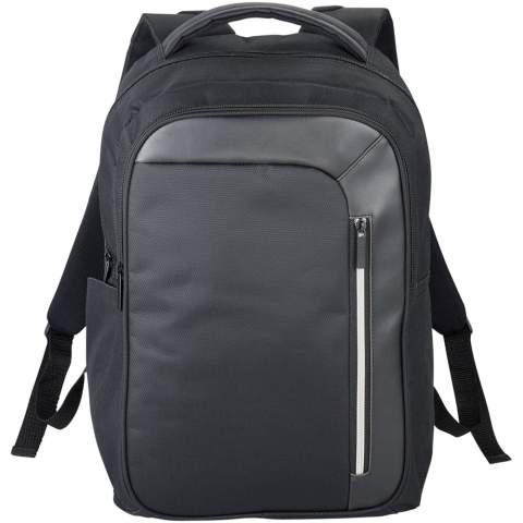 A 15" laptop backpack with multiple pockets, a padded back, and adjustable padded shoulder straps. Equipped with RFID protection and an interior organisation panel, including a key holder. There may be minor variations in the colour of the actual product due to the nature of the fabric dyes, weaves, and printing.