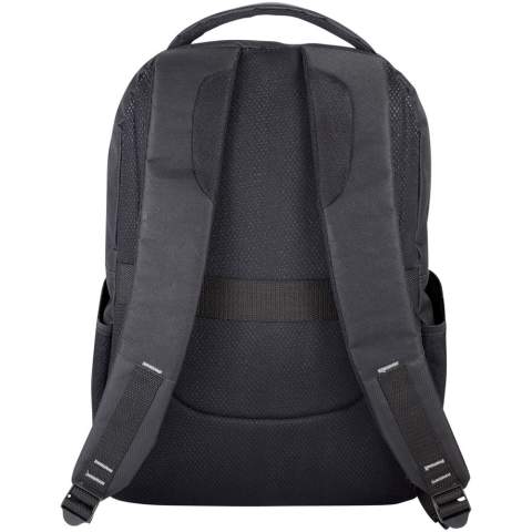 A 15" laptop backpack with multiple pockets, a padded back, and adjustable padded shoulder straps. Equipped with RFID protection and an interior organisation panel, including a key holder. There may be minor variations in the colour of the actual product due to the nature of the fabric dyes, weaves, and printing.