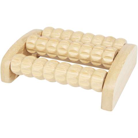 Foot massage roller made of bamboo featuring 3 rows of massage rods. Simply place the massager on the floor and then move your feet over for a nice relaxing feeling. The bamboo used is sourced and produced following sustainable standards.