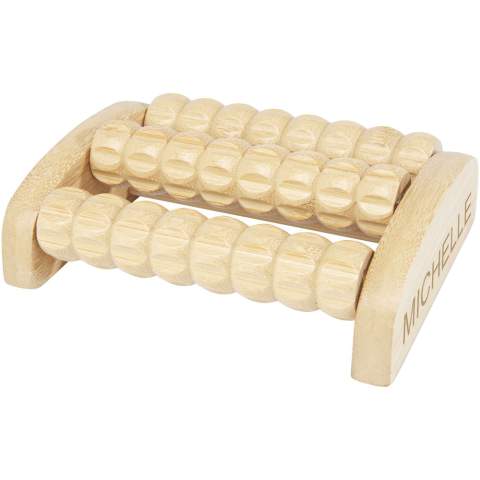 Foot massage roller made of bamboo featuring 3 rows of massage rods. Simply place the massager on the floor and then move your feet over for a nice relaxing feeling. The bamboo used is sourced and produced following sustainable standards.