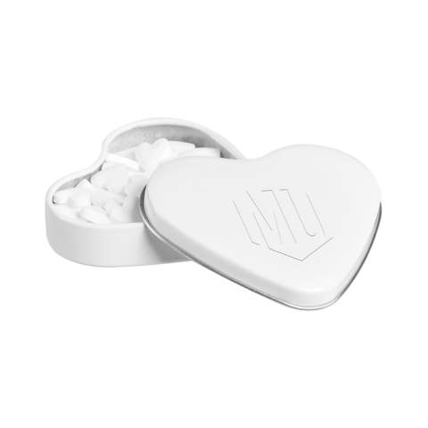 Heart shaped tin white with embossing on the lid and filled with approx. 23 gram heart shaped mints, including ingredients sticker and seal (one-off mold costs 395,-)