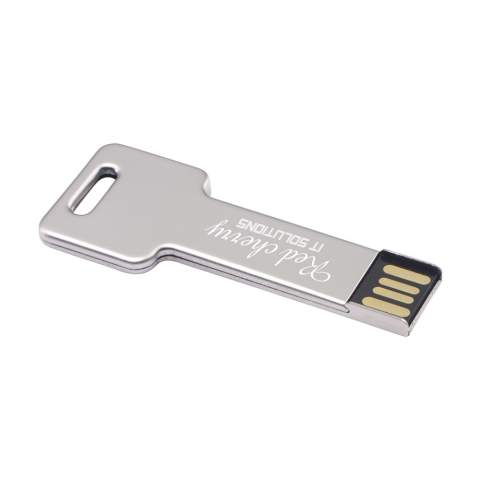 Stalen USB stick in de vorm van een sleutel, voor het veilig en handzaam bewaren en vervoeren van bestanden. Direct klaar voor gebruik door 'Plug&Play' systeem. Bruikbaar onder Windows, Mac en Linux. Standaard per stuk in kartonnen doosje. De prijs is inclusief opdruk in 1 kleur op 1 zijde.