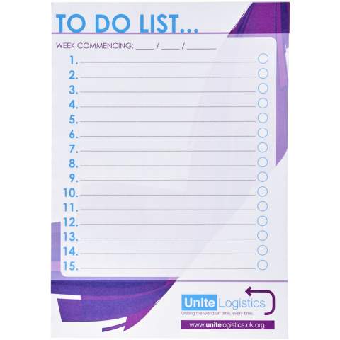 Bloc-notes Desk-Mate® A5 blanc avec des feuilles de papier vierge de 80 g/m². Marquage possible sur chaque feuille. 3 tailles disponibles  (25/50/100 feuilles).