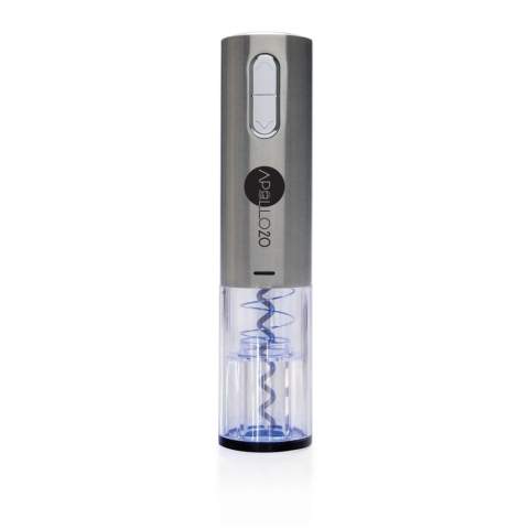 Modern electric corkscrew with innovative 3.6V lithium battery. With built-in blue light. Opens your wine bottle with ease in 8 seconds. Including micro USB cable to charge the device. Packed in a giftbox.