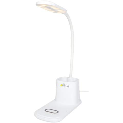 Bureaulamp met geïntegreerde draadloze oplader en potloodhouder. De lamp heeft 3 lichtstanden (warm/koud/medium) en kan in de hoogte worden versteld. De oplader heeft een draadloze output van 10 W en is compatibel met alle Qi-apparaten (iPhone 8 of hoger en Android-apparaten die draadloos opladen ondersteunen).