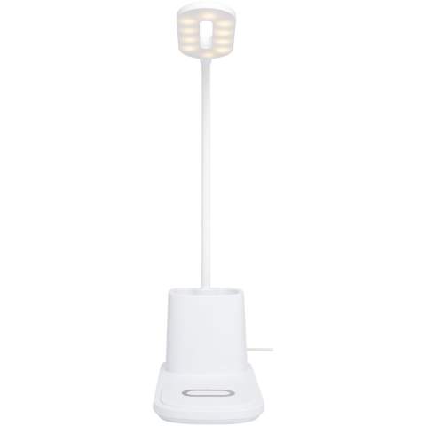 Bureaulamp met geïntegreerde draadloze oplader en potloodhouder. De lamp heeft 3 lichtstanden (warm/koud/medium) en kan in de hoogte worden versteld. De oplader heeft een draadloze output van 10 W en is compatibel met alle Qi-apparaten (iPhone 8 of hoger en Android-apparaten die draadloos opladen ondersteunen).