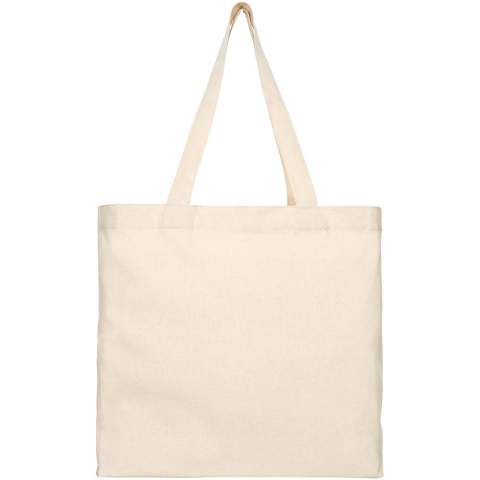 Tote made of 210 g/m² recycled cotton polyester blend. Recycled cotton is manufactured from pre-consumer waste generated by textile factories during the cutting process. Tote with gusset and large main compartment. Features two handles with a dropdown height of 31 cm. Resistance up to 10 kg weight. There may be minor variations in the colour of the actual product due to the nature of the production process. 