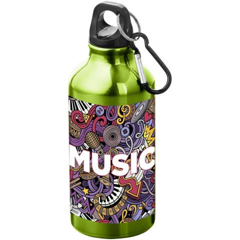 Staying hydrated at all times is possible with this durable yet lightweight 400 ml aluminium water bottle. It is the perfect companion while exercising, on day trips or at the office. The single wall Oregon bottle has a twist-on lid and offers plenty of space to add any kind of logo. Clip the attached carabiner (not suitable for climbing) securely to a bag to avoid losing it. BPA Free and tested and approved under German Food Safe Legislation (LFGB) and for phthalates content under  REACH.  