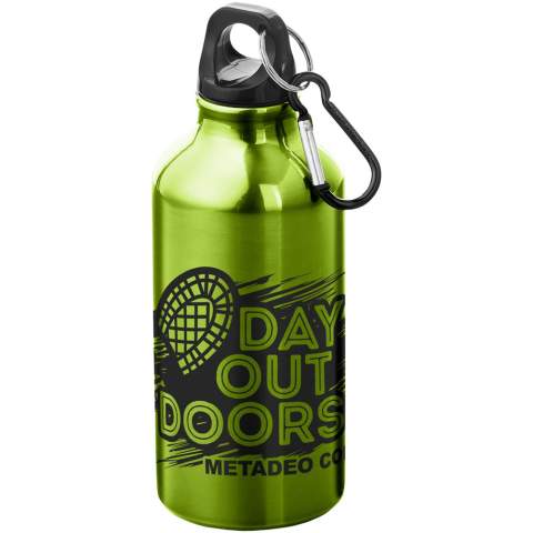 Staying hydrated at all times is possible with this durable yet lightweight 400 ml aluminium water bottle. It is the perfect companion while exercising, on day trips or at the office. The single wall Oregon bottle has a twist-on lid and offers plenty of space to add any kind of logo. Clip the attached carabiner (not suitable for climbing) securely to a bag to avoid losing it. BPA Free and tested and approved under German Food Safe Legislation (LFGB) and for phthalates content under  REACH.  