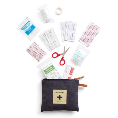 A first aid kit from our popular Asado-series. The fabric bag with a zipper contains everything you need in case of minor accidents such as band-aids, scissors, bandages, etc. Packed in a plastic bag.