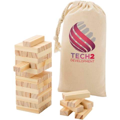 Bring fun, excitement, and a dash of suspense to any gathering with the Jumble wooden toppling tower game! Perfect for family game nights, parties, or a relaxed day with friends, this classic wooden block-stacking game challenges players to take turns pulling out blocks and stacking them on top without letting the tower tumble. Delivered with a cotton pouch.