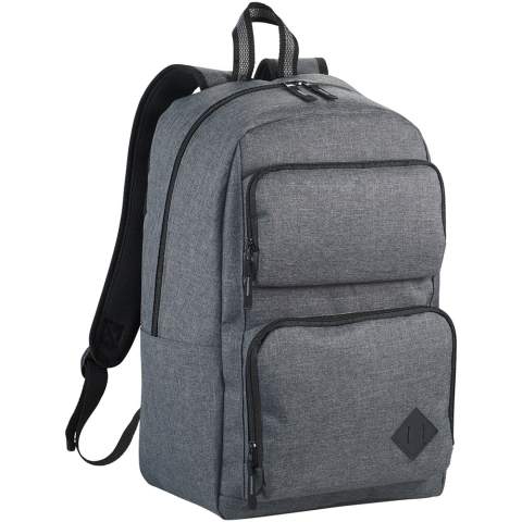 Zipped main compartment with padded laptop sleeve holds up most 15.6" laptops and has a dedicated tablet pocket with room for all your other business essentials. The two front pockets offer flexible decorating locations and are large enough for power banks, cables, and other essentials. The side pocket offers additional storage. Adjustable padded backpack straps and top grab handle. There may be minor variations in the colour of the actual product due to the nature of the fabric dyes, weaves, and printing.