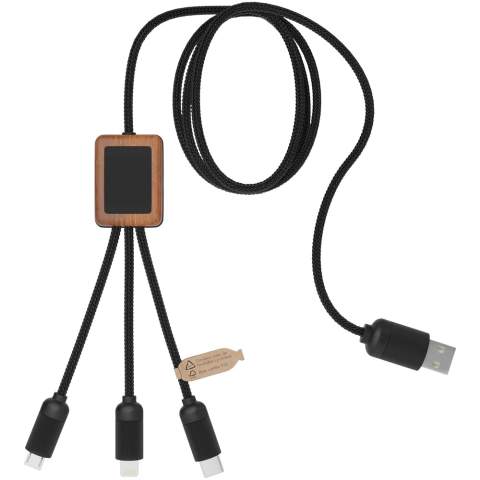 3-in-1 bamboe kabel met 1 meter lang draad en 3 connectoren (type C, micro USB, iPhone). Kan aan beide zijden worden versierd met een oplichtend logo. Geleverd in een TPU zakje, met een kraftpapieren kaart. 
