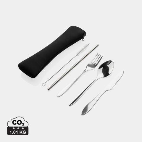 Re-usable stainless steel cutlery set that you can easily take wherever you go and perfect for when you bring your lunch to work. This set includes a fork, knife, spoon, straw and a brush so you can clean the straw. All items fit in the neoprene pouch with zipper and closure cord.<br /><br />PVC free: true