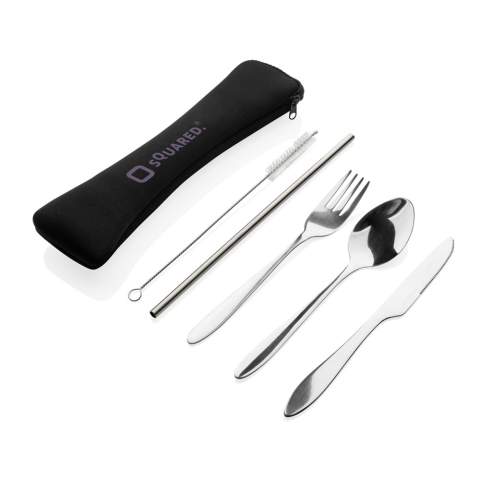 Re-usable stainless steel cutlery set that you can easily take wherever you go and perfect for when you bring your lunch to work. This set includes a fork, knife, spoon, straw and a brush so you can clean the straw. All items fit in the neoprene pouch with zipper and closure cord.<br /><br />PVC free: true