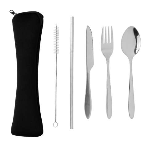 Re-usable stainless steel cutlery set that you can easily take wherever you go and perfect for when you bring your lunch to work. This set includes a fork, knife, spoon, straw and a brush so you can clean the straw. All items fit in the neoprene pouch with zipper and closure cord.<br /><br />PVC free: true