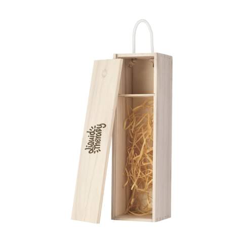 Wine box made from Paulownia wood. With sliding lid and cord. Suitable for 1 bottle of wine (0.75L). The wine box does not include wine. Each item is supplied in an individual brown cardboard box.