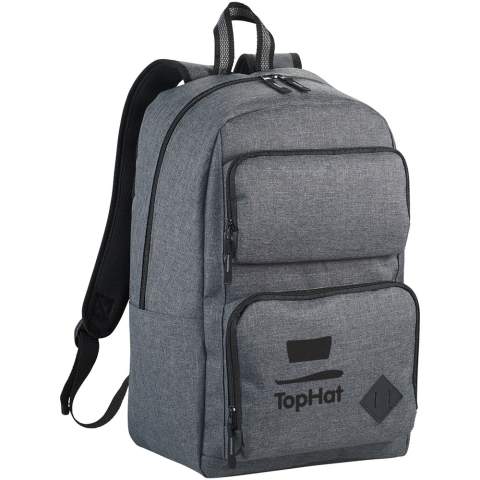 Zipped main compartment with padded laptop sleeve holds up most 15.6" laptops and has a dedicated tablet pocket with room for all your other business essentials. The two front pockets offer flexible decorating locations and are large enough for power banks, cables, and other essentials. The side pocket offers additional storage. Adjustable padded backpack straps and top grab handle. There may be minor variations in the colour of the actual product due to the nature of the fabric dyes, weaves, and printing.