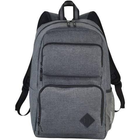 Zipped main compartment with padded laptop sleeve holds up most 15.6" laptops and has a dedicated tablet pocket with room for all your other business essentials. The two front pockets offer flexible decorating locations and are large enough for power banks, cables, and other essentials. The side pocket offers additional storage. Adjustable padded backpack straps and top grab handle. There may be minor variations in the colour of the actual product due to the nature of the fabric dyes, weaves, and printing.